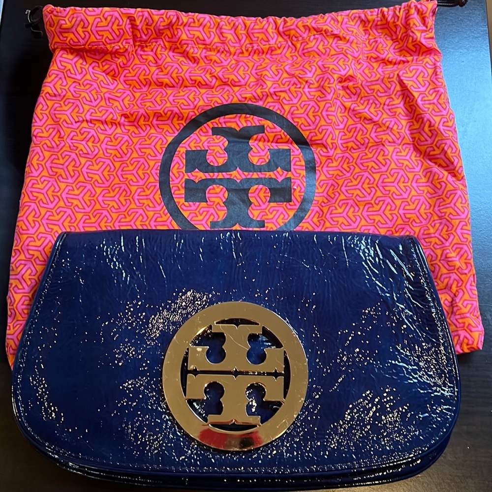 Blue patent leather with gold Tory Burch clutch bag with dust bag